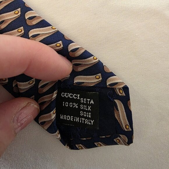 Gucci 100% Silk Men’s Tie Blue Beige Gold Abstract Pattern Made in Italy Vintage - Picture 9 of 12